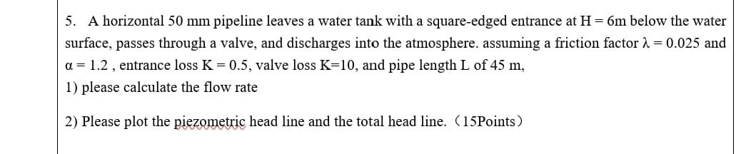 Solved 5. A horizontal 50 mm pipeline leaves a water tank | Chegg.com