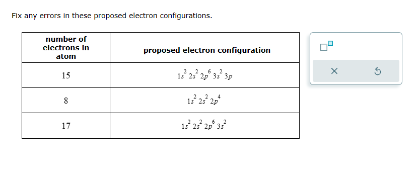 Fix any errors in these proposed electron configurations.