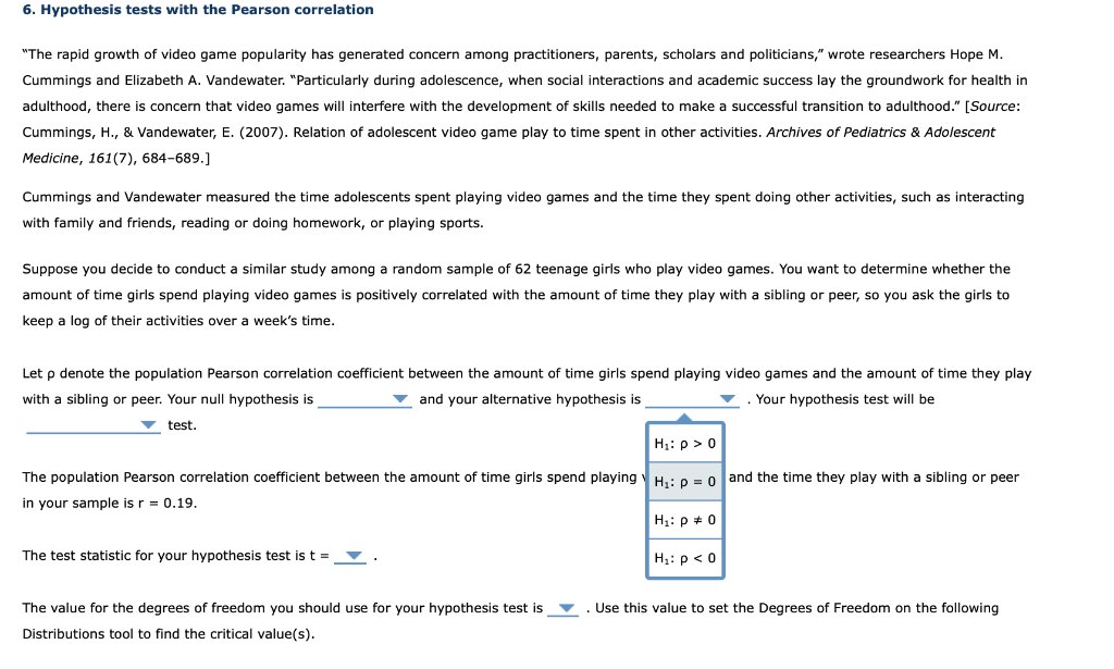 Solved 6. Hypothesis tests with the Pearson correlation 