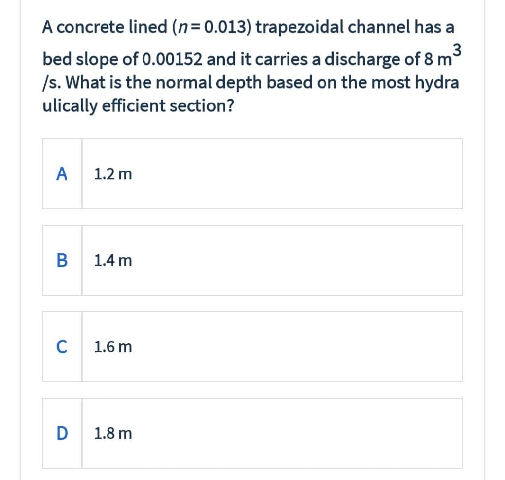 Solved A concrete lined (n=0.013) trapezoidal channel has a | Chegg.com