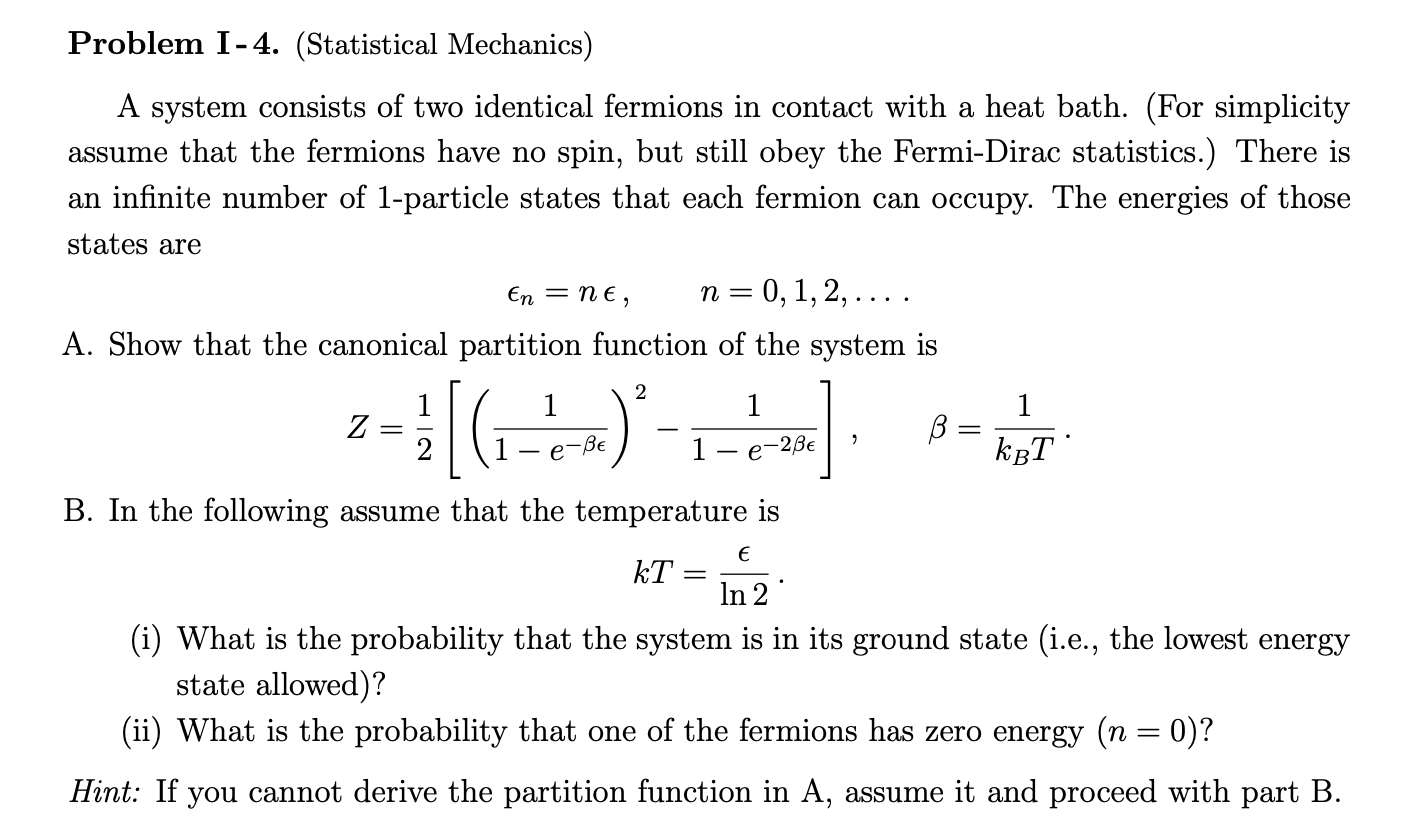 Solved Problem 1-4. (Statistical Mechanics) A system | Chegg.com