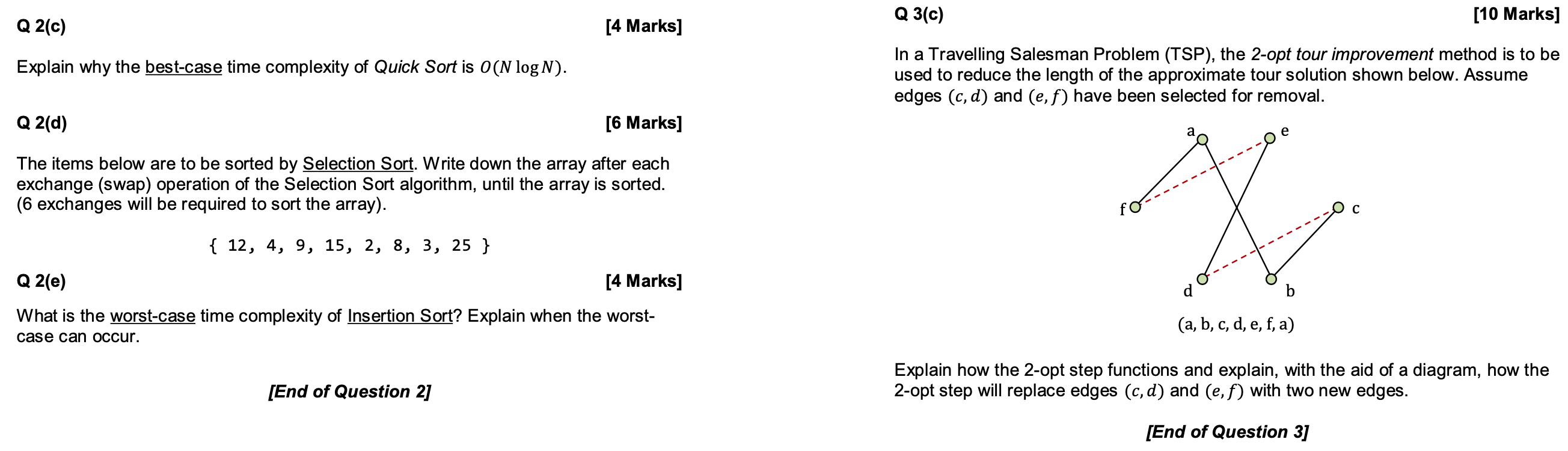 Q 3(0) [10 Marks] Q 2(c) [4 Marks] Explain why the best-case time complexity of Quick Sort is O(N logN). In a Travelling Sale