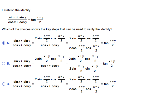 Solved Establish the identity sinx sinY x+ y - tan Which of | Chegg.com