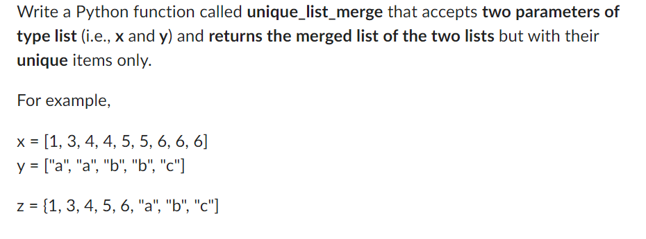 Solved Write a Python function called unique_list_merge that | Chegg.com