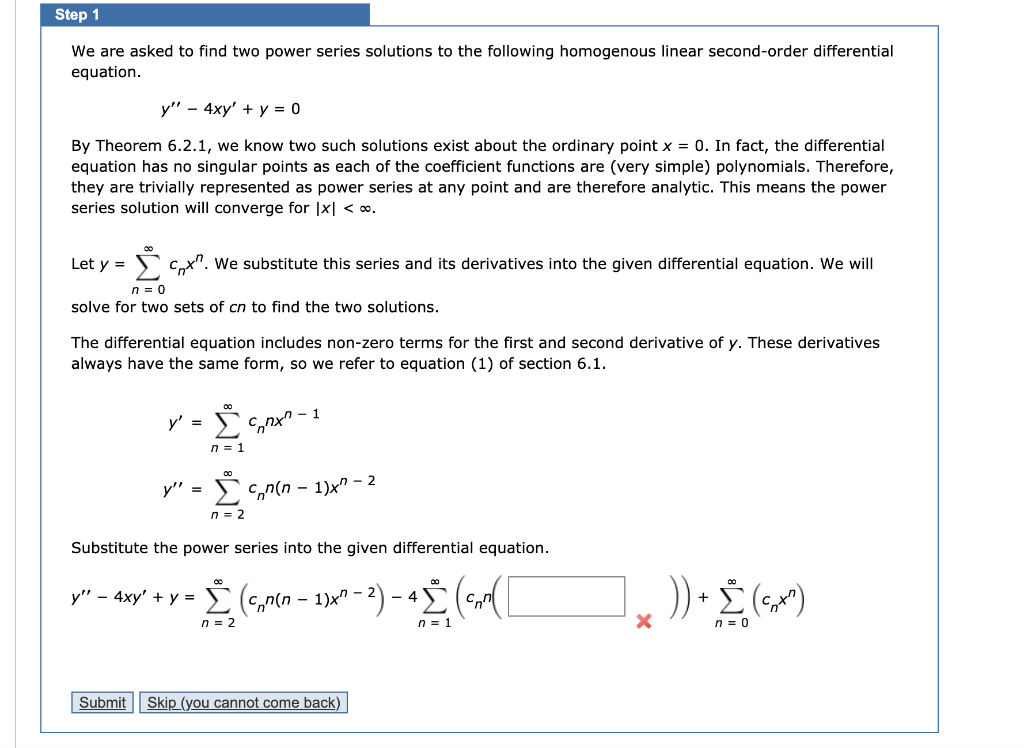 Step 1 We are asked to find two power series | Chegg.com