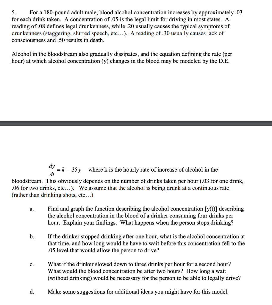 Solved 5. For a 180-pound adult male, blood alcohol | Chegg.com