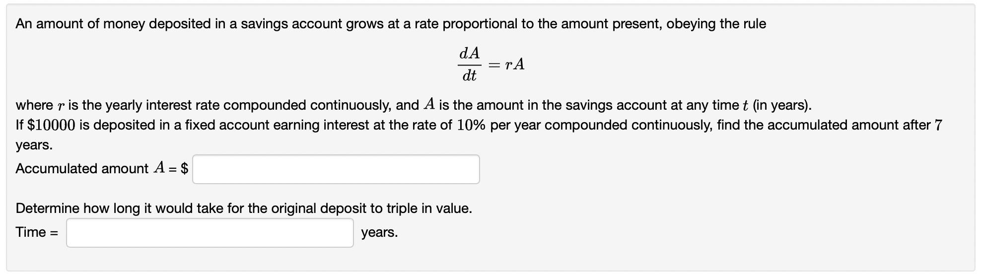 Solved An amount of money deposited in a savings account | Chegg.com
