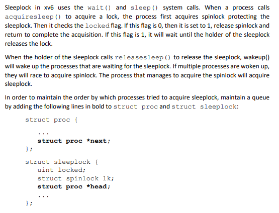 Sleeplock in xv6 uses the wait() and sleep() system | Chegg.com