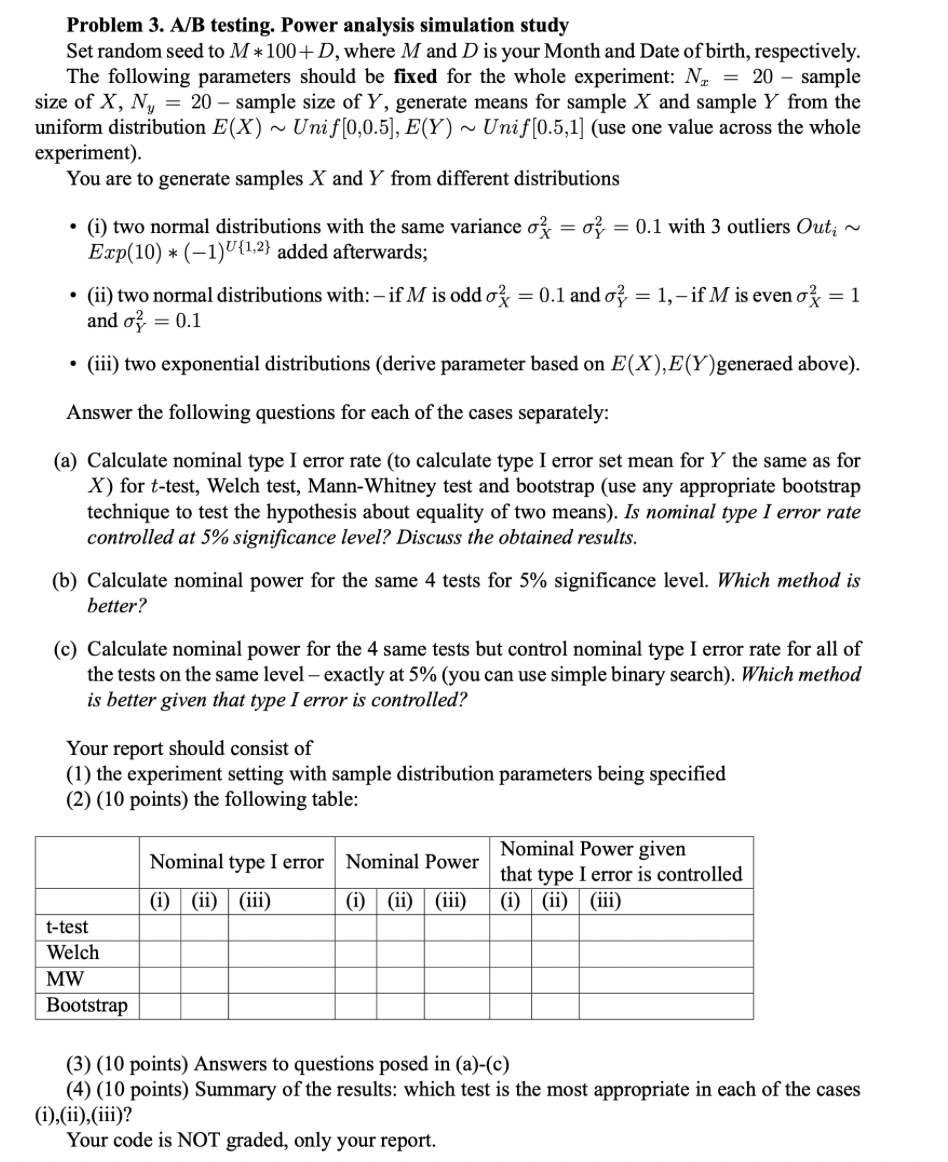 Solved Problem 3. ﻿A/B Testing. Power Analysis Simulation | Chegg.com