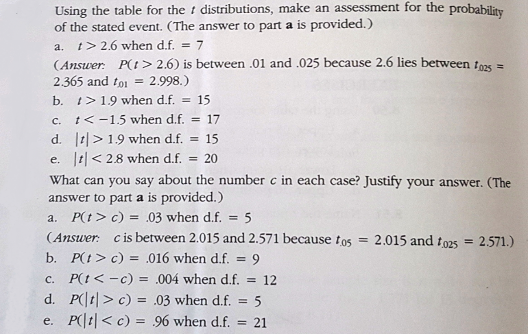 T Distribution Probability Questions Solved Using the table for the t distributions, make an | Chegg.com