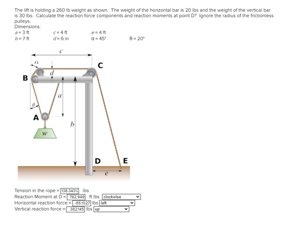 The lift is holding a 260 lb weight as shown. The weight of the horizontal bar is 20 lbs and the weight of the vertical bar
i