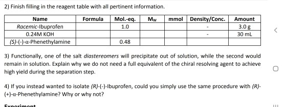 Solved 2) Finish filling in the reagent table with all | Chegg.com