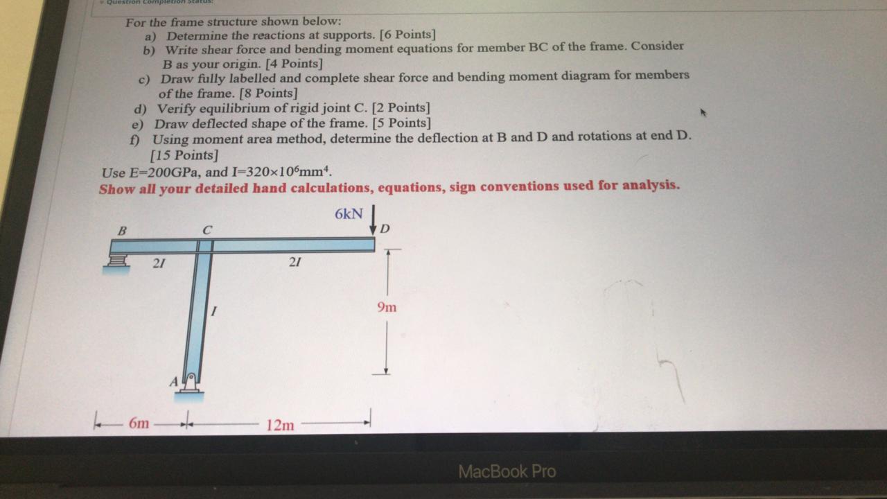 Solved Question compte For the frame structure shown below: | Chegg.com
