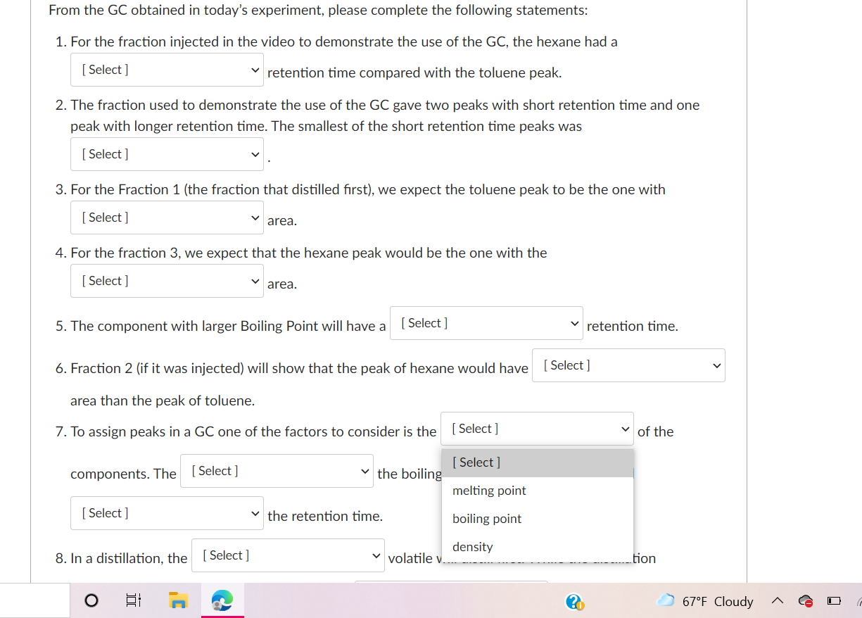 Solved From the GC obtained in today's experiment, please | Chegg.com