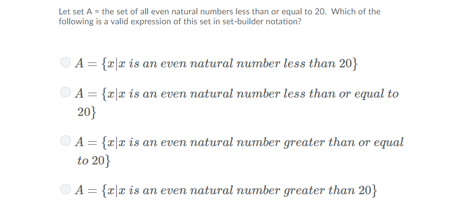 The Set Of All Even Natural Numbers Less Than 20