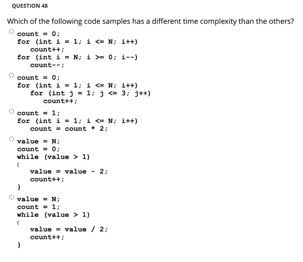 Solved QUESTION 48 Which of the following code samples has a | Chegg.com