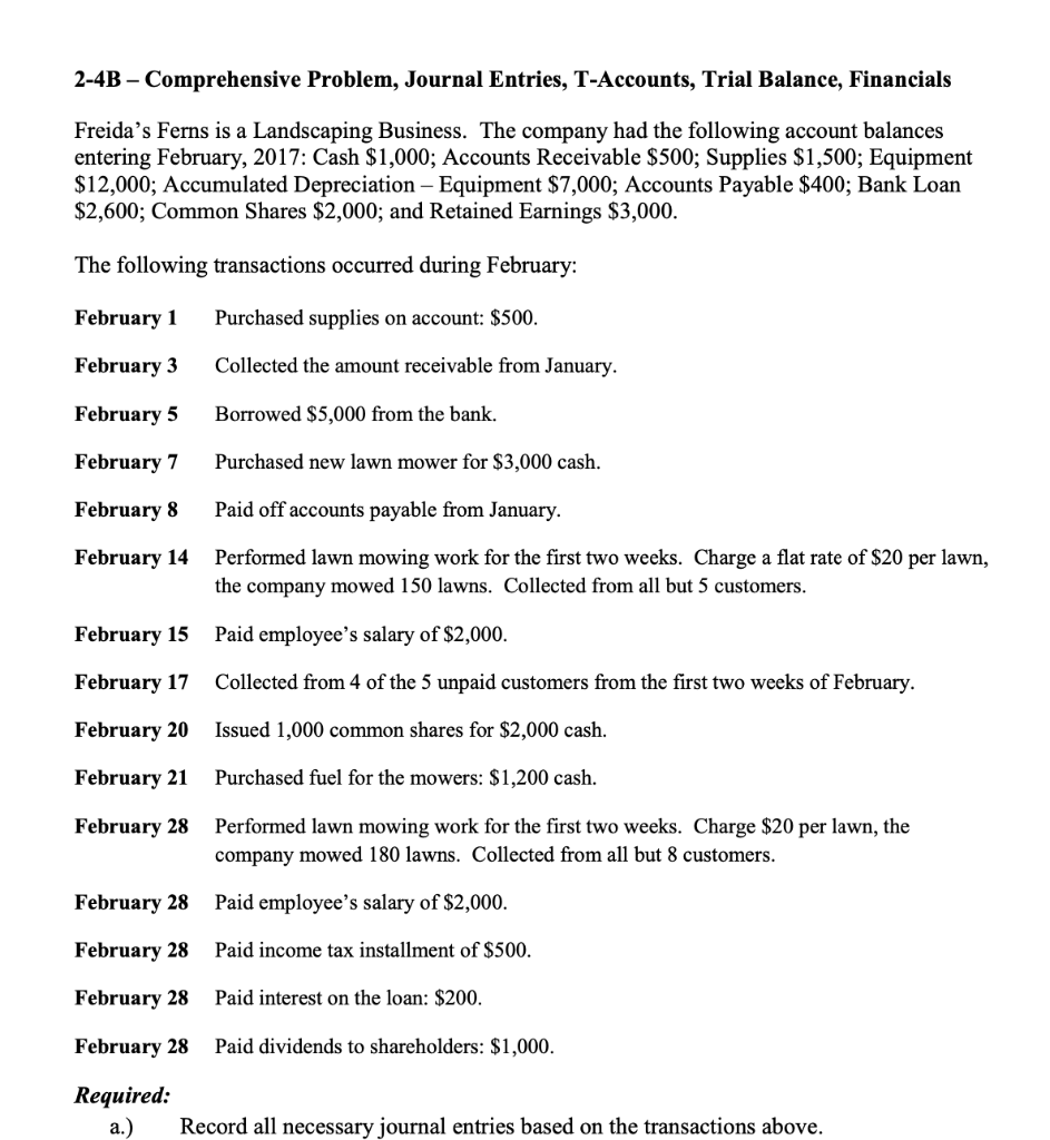 Solved 2-4B - Comprehensive Problem, Journal Entries, | Chegg.com