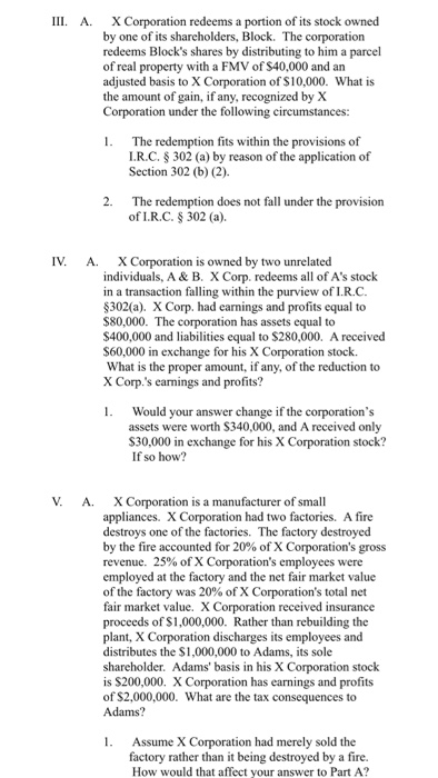 Solved III. A. X Corporation redeems a portion of its stock | Chegg.com