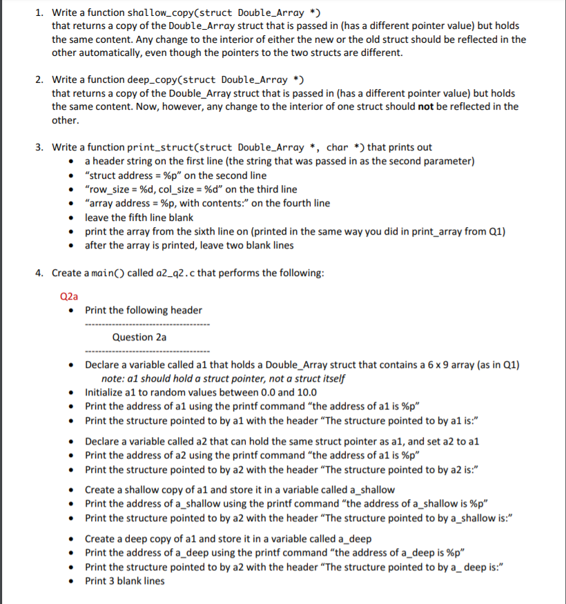 1. Write a function shallow_copy(struct Double_Array | Chegg.com