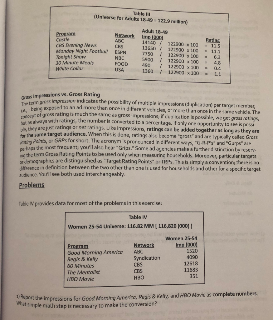 Table III (Universe for Adults 18-49 = 122.9 million) | Chegg.com