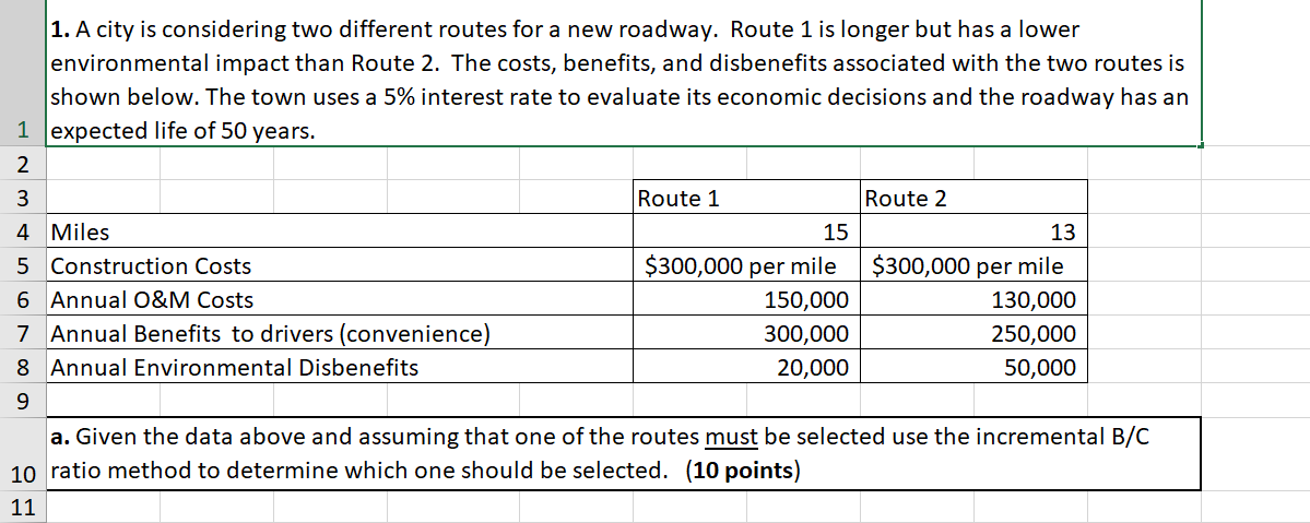 Solved 1. A city is considering two different routes for a | Chegg.com