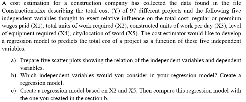 A cost estimation for construction company has | Chegg.com