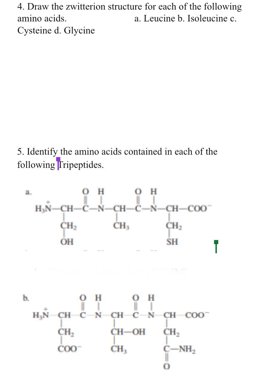 4. Draw the zwitterion structure for each of the following amino acids.
a. Leucine b. Isoleucine c.
Cysteine d. Glycine
5. Id