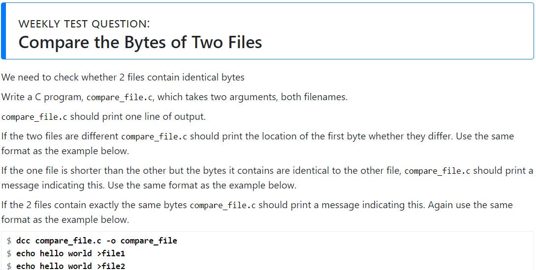 Solved WEEKLY TEST QUESTION: Compare the Bytes of Two Files | Chegg.com