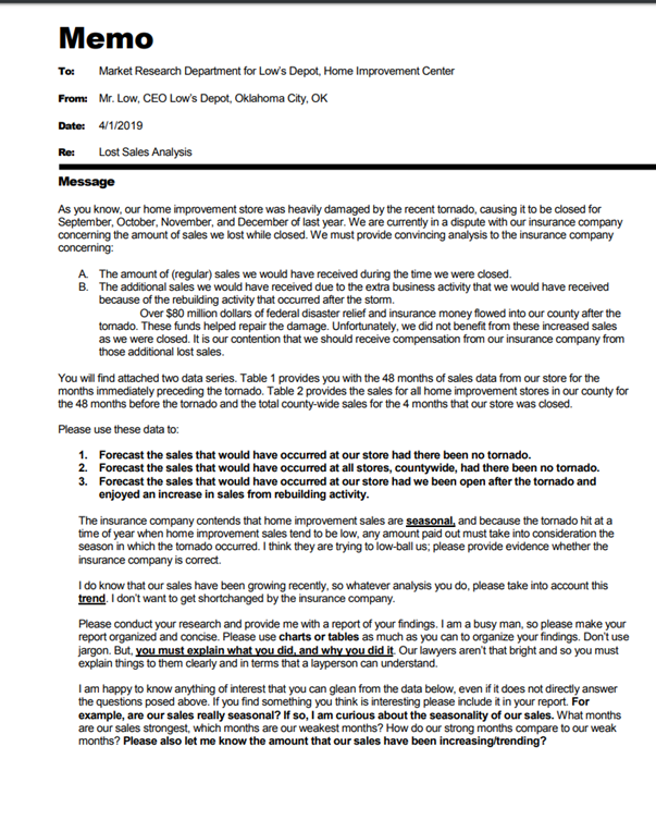 I Memo To Market Research Department for Low's Depot,