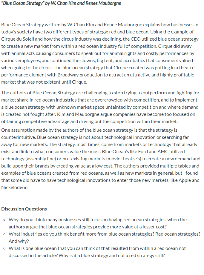 Solved Blue Ocean Strategy By W Chan Kim And Renee