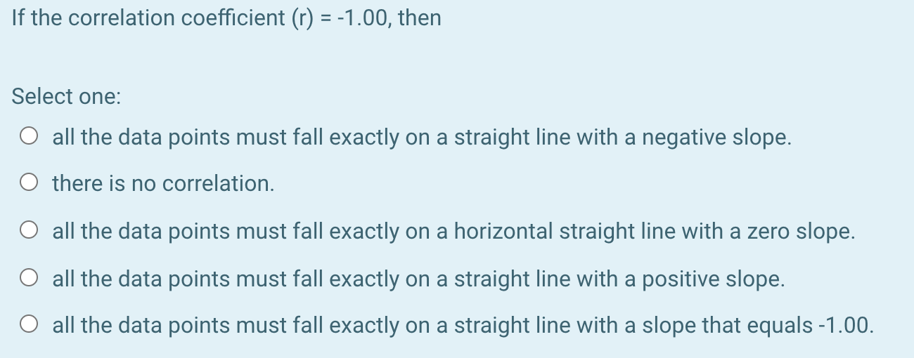 Solved If the correlation coefficient (r) = -1.00, then | Chegg.com