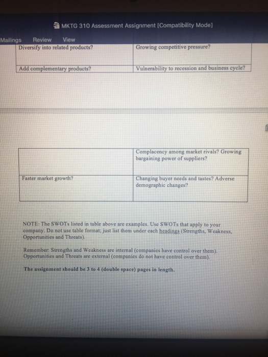 Solved MKTG 310 Assessment Assignment (Compatibility Mode | Chegg.com