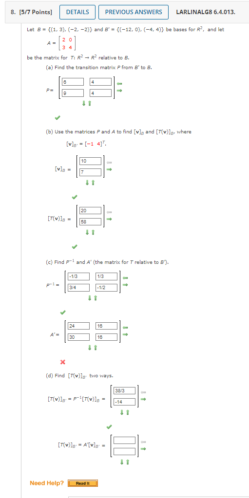 Solved 8. [5/7 Points] Let B = {(1, 3), (-2,-2)} And B' = | Chegg.com