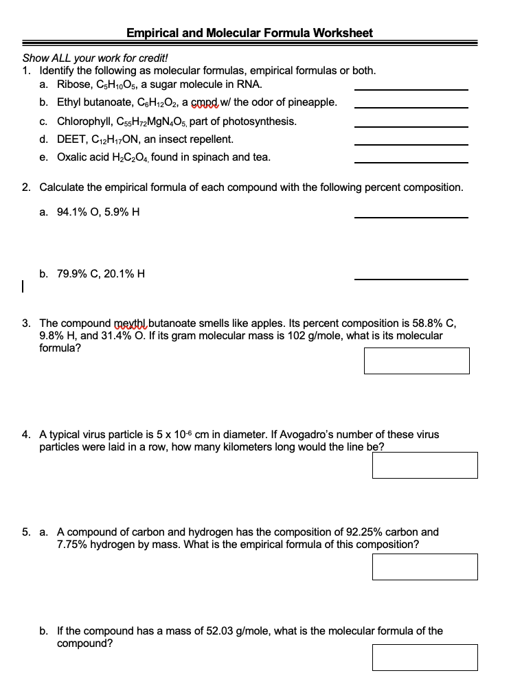 Solved Empirical and Molecular Formula Worksheet Show ALL