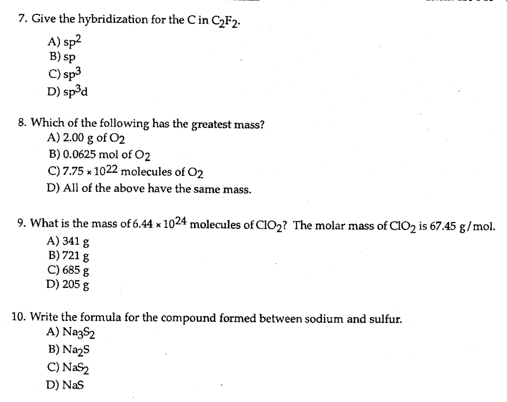 Solved 7. Give the hybridization for the Cin C2F2. A) sp2 B) | Chegg.com