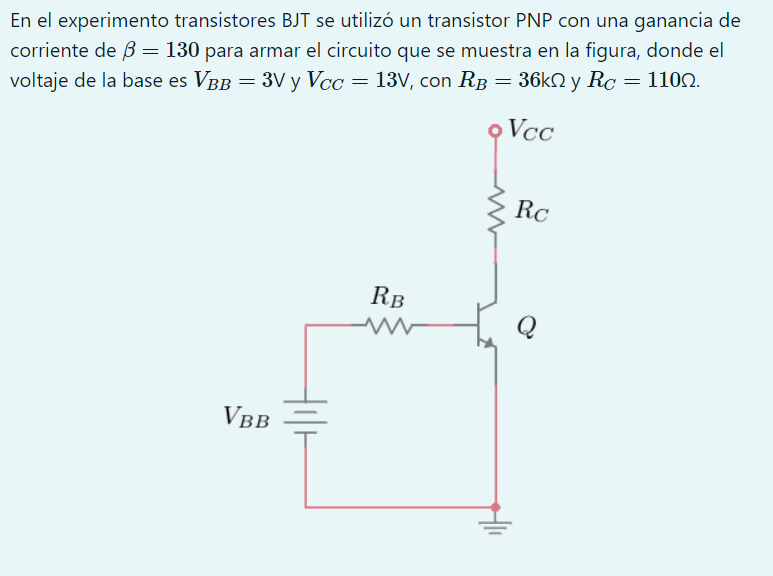 En el experimento transistores BJT se utilizó un transistor PNP con una ganancia de corriente de \( \beta=130 \) para armar e