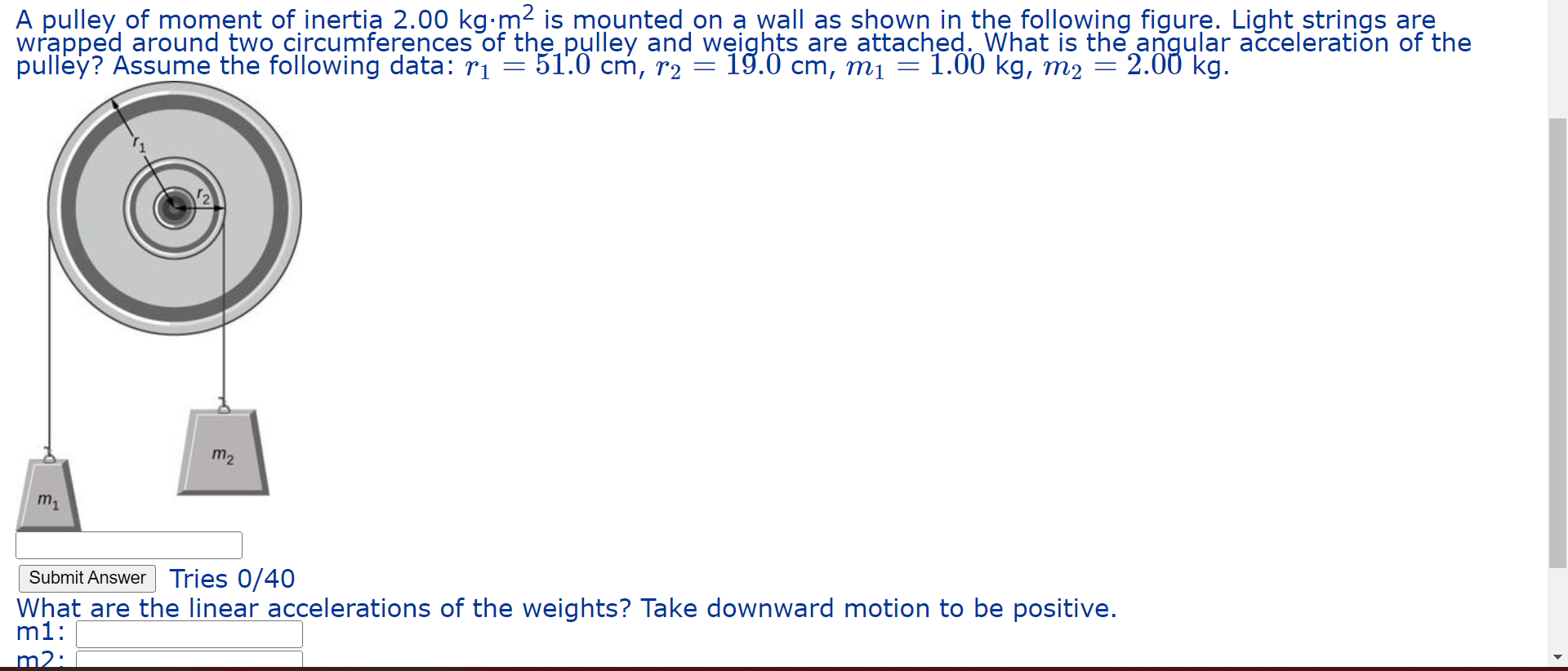 A pulley of moment of inertia 2.00 kg?m² is mounted on a wall as shown in the following figure. Light strings are
wrapped aro