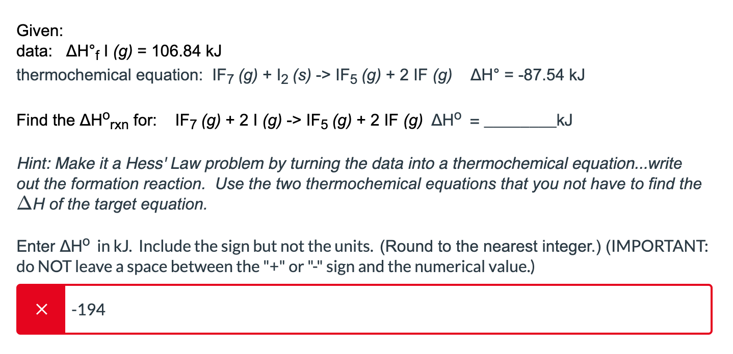 Solved Given: data: ΔHf∘I(g)=106.84 kJ thermochemical | Chegg.com