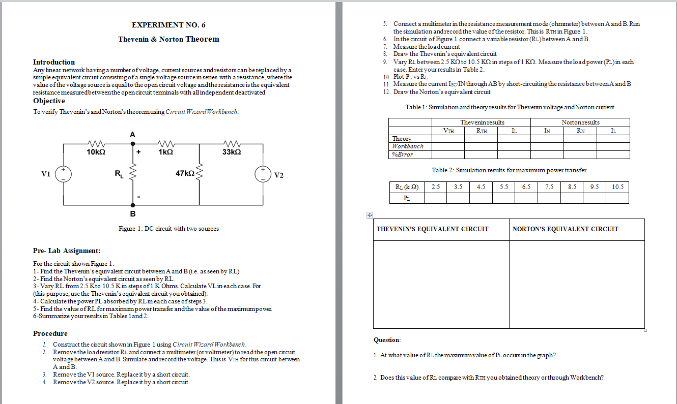 Solved Experiment No 6 Thevenin Norton Theorem Introdu Chegg Com