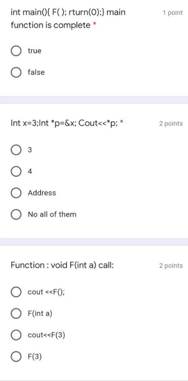 Solved 1 point int main(){ F(); rturn(0);} main function is | Chegg.com