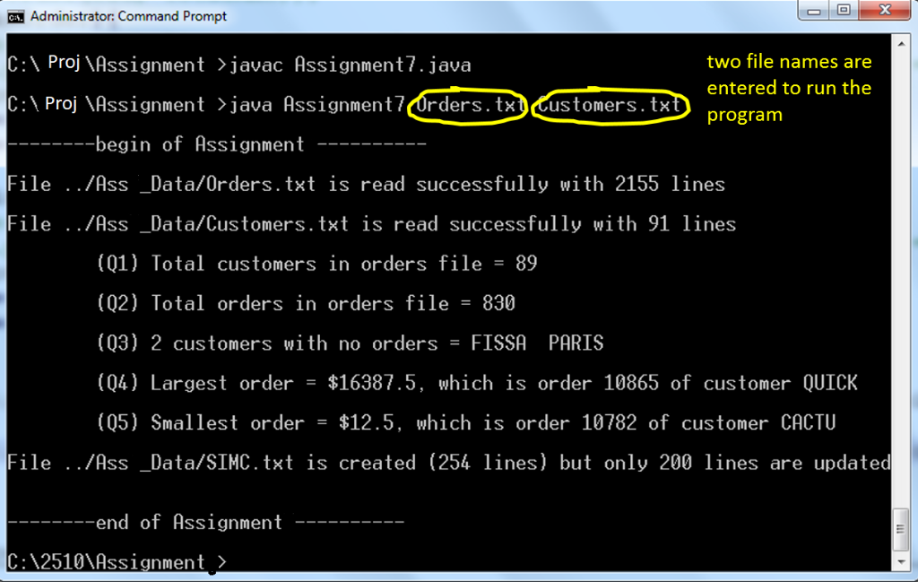 ON. Administrator: Command Prompt C: Proj Assignment >javac Assignment 7. java two file names are entered to run the C:Pro