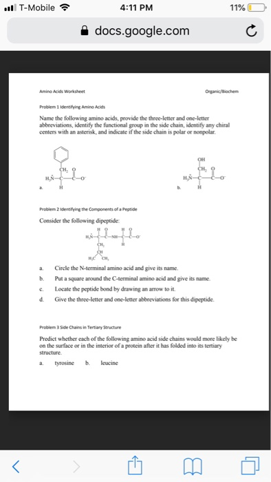 Solved T-Mobile 4:11 PM 11%; a docs.google.com Amino Acids | Chegg.com