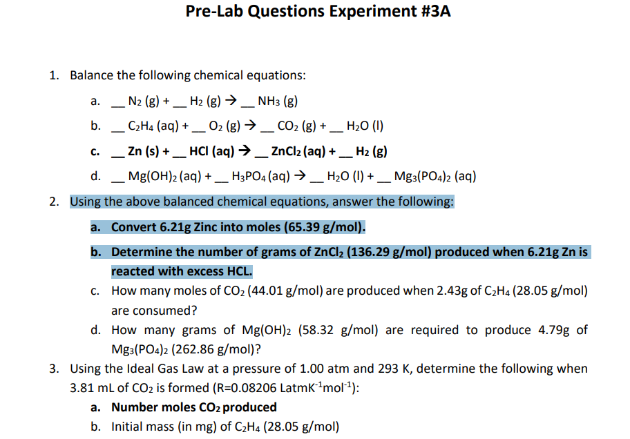 Solved Pre-Lab Questions Experiment #3A 1. Balance the | Chegg.com