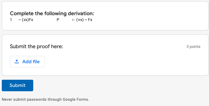 Solved Complete the following derivation: 1 -(3x)FX P. (vx) | Chegg.com