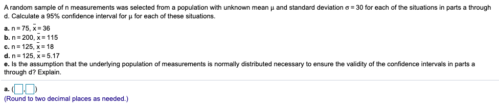 Solved A random sample of n measurements was selected from a | Chegg.com