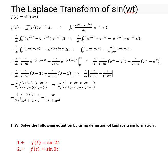 Solved The Laplace Transform of sin(wt) = 1 00 = el jwt - 1 | Chegg.com