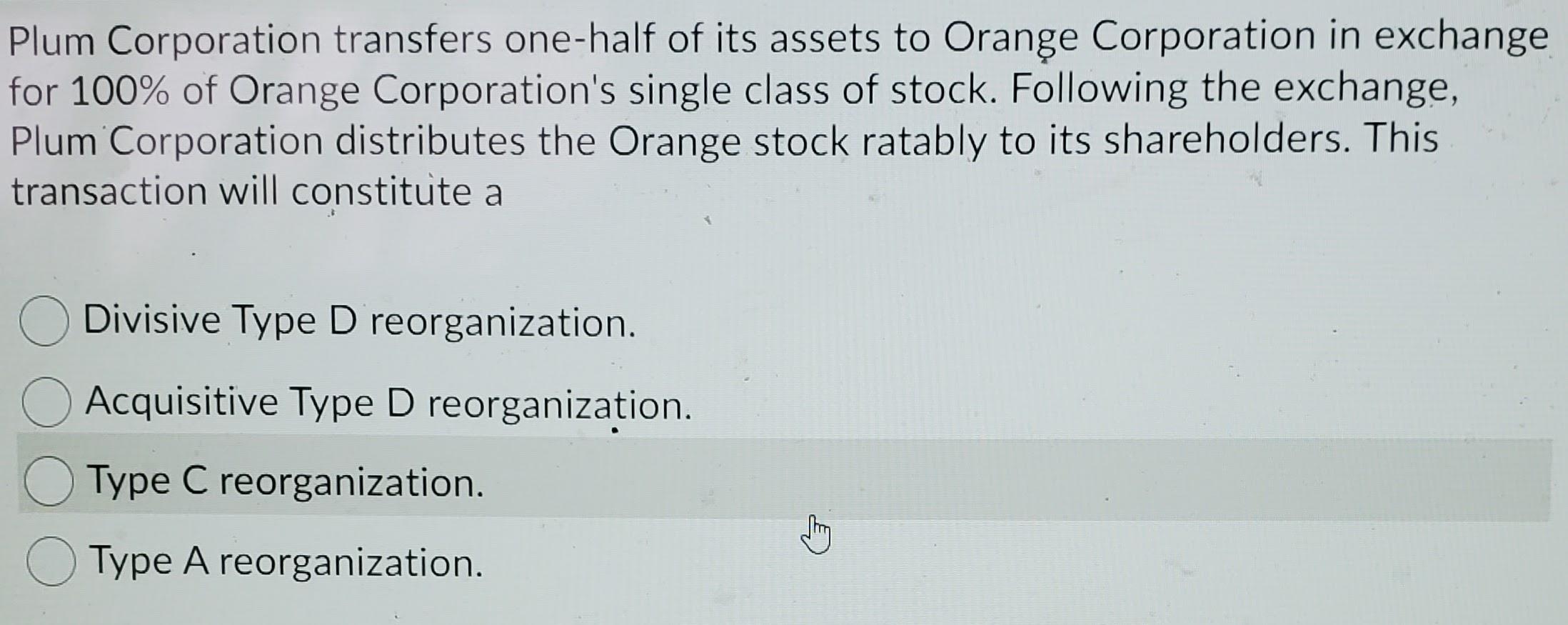 Solved Plum Corporation transfers one-half of its assets to | Chegg.com