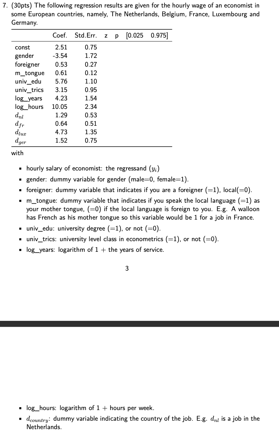 Solved Z 7. (30pts) The following regression results are | Chegg.com
