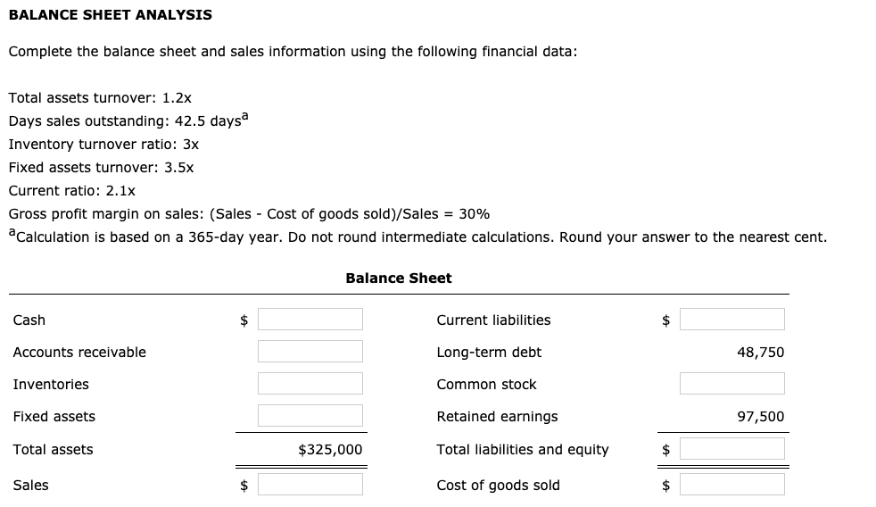 Solved BALANCE SHEET ANALYSIS Complete The Balance Sheet And | Chegg.com