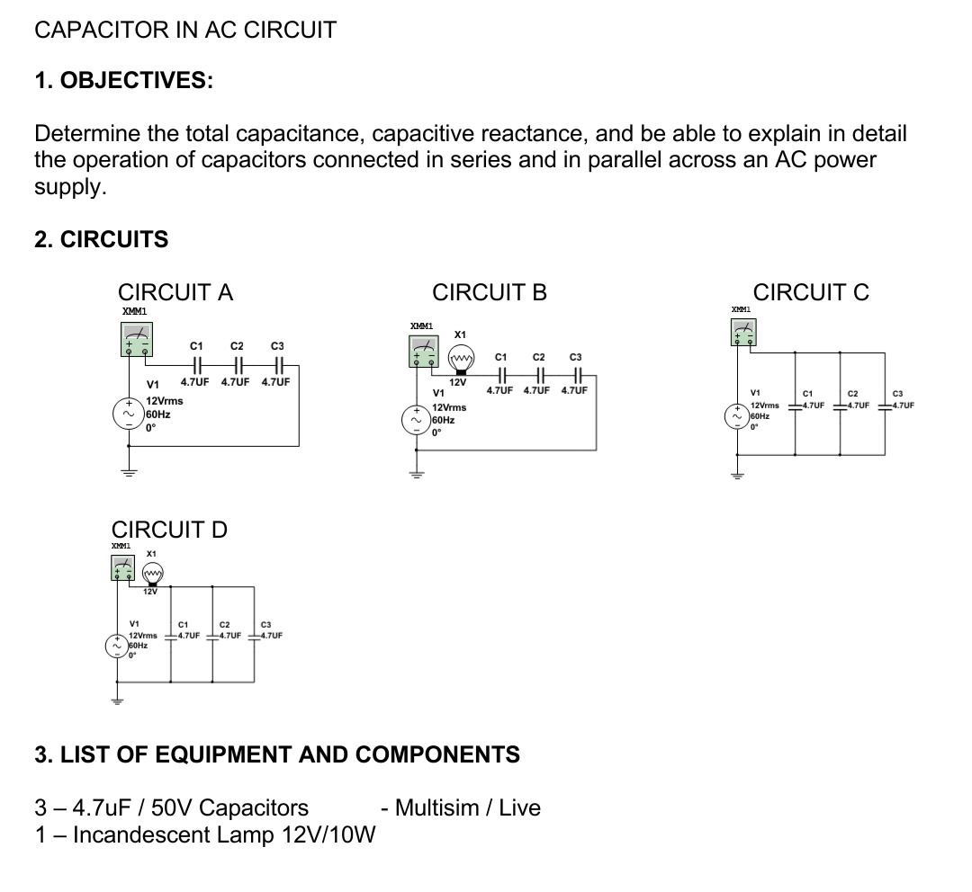 CAPACITOR IN AC CIRCUIT 1. OBJECTIVES Determine the